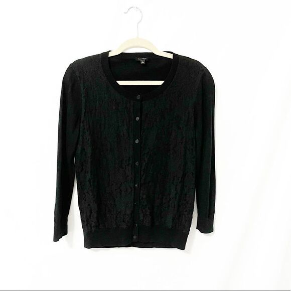 Talbots Black Lace Front Overlay Button Down Knit Cardigan Size M - Picture 1 of 5